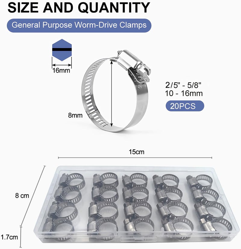 Haespot Hose Clamps 20PCS, Stainless Steel, Radiator Hose Clamps, Small Size, 2/5– 5/8"(10-16mm) Worm Gear Hose Clamp Kit, Small Metal Pipe Set for Automotive, Plumbing, Intercooler - Image 2